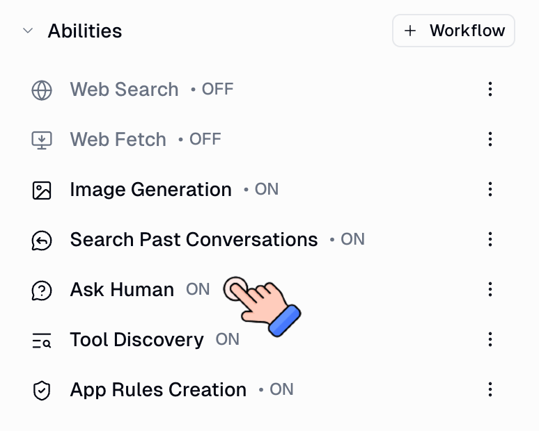 Agent Abilities section showing the Ask Human toggle set to ON