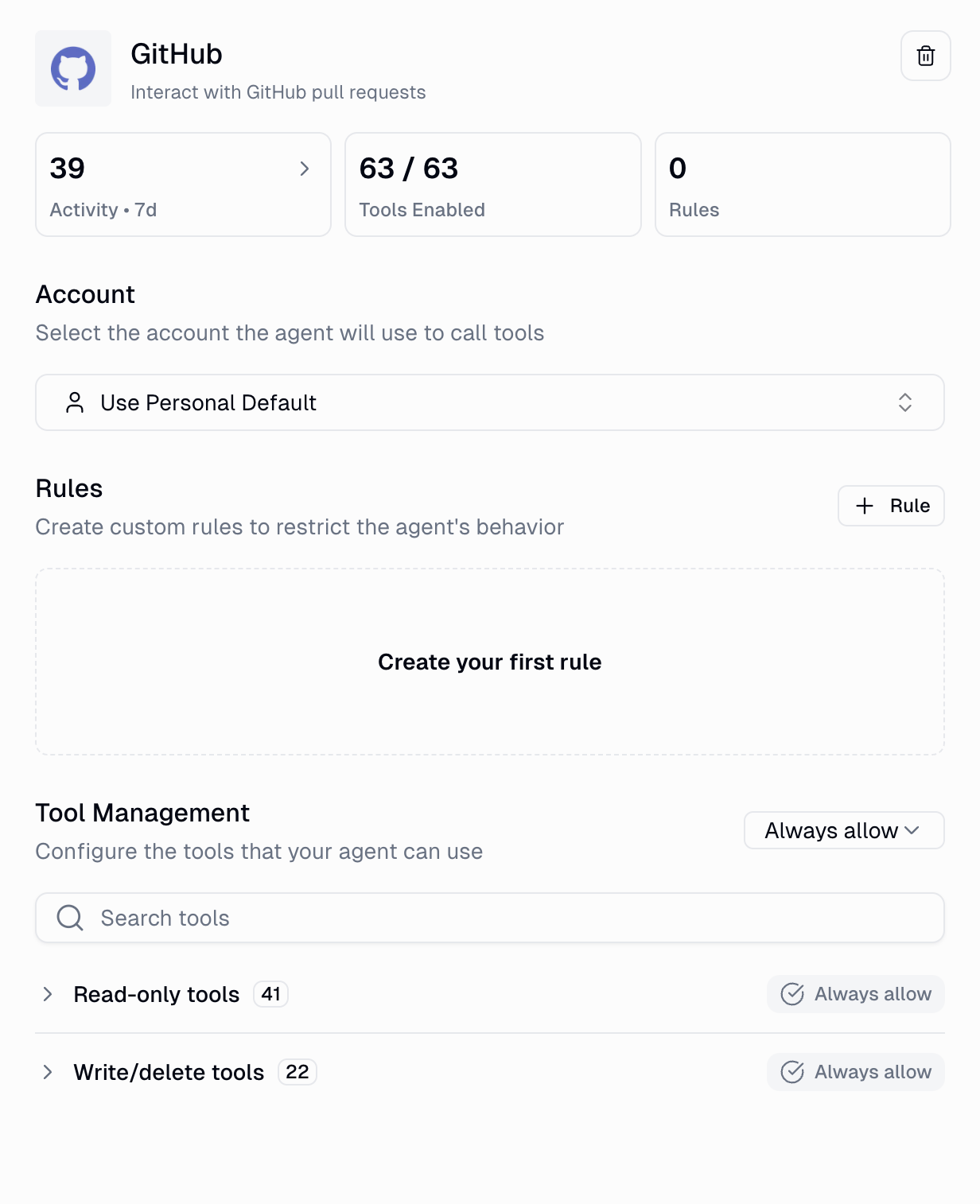 GitHub app detail view showing Tool Management with Read-only tools and Write/delete tools groups