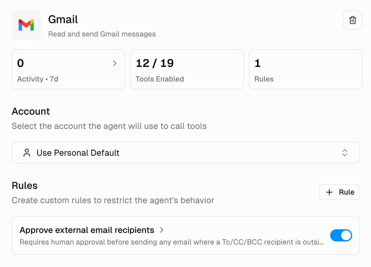 Gmail app configuration showing the Rules section with an active 'Approve external email recipients' rule