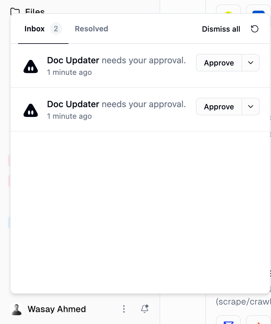 Notification bell inbox showing two pending approval requests from the Doc Updater agent with Approve buttons