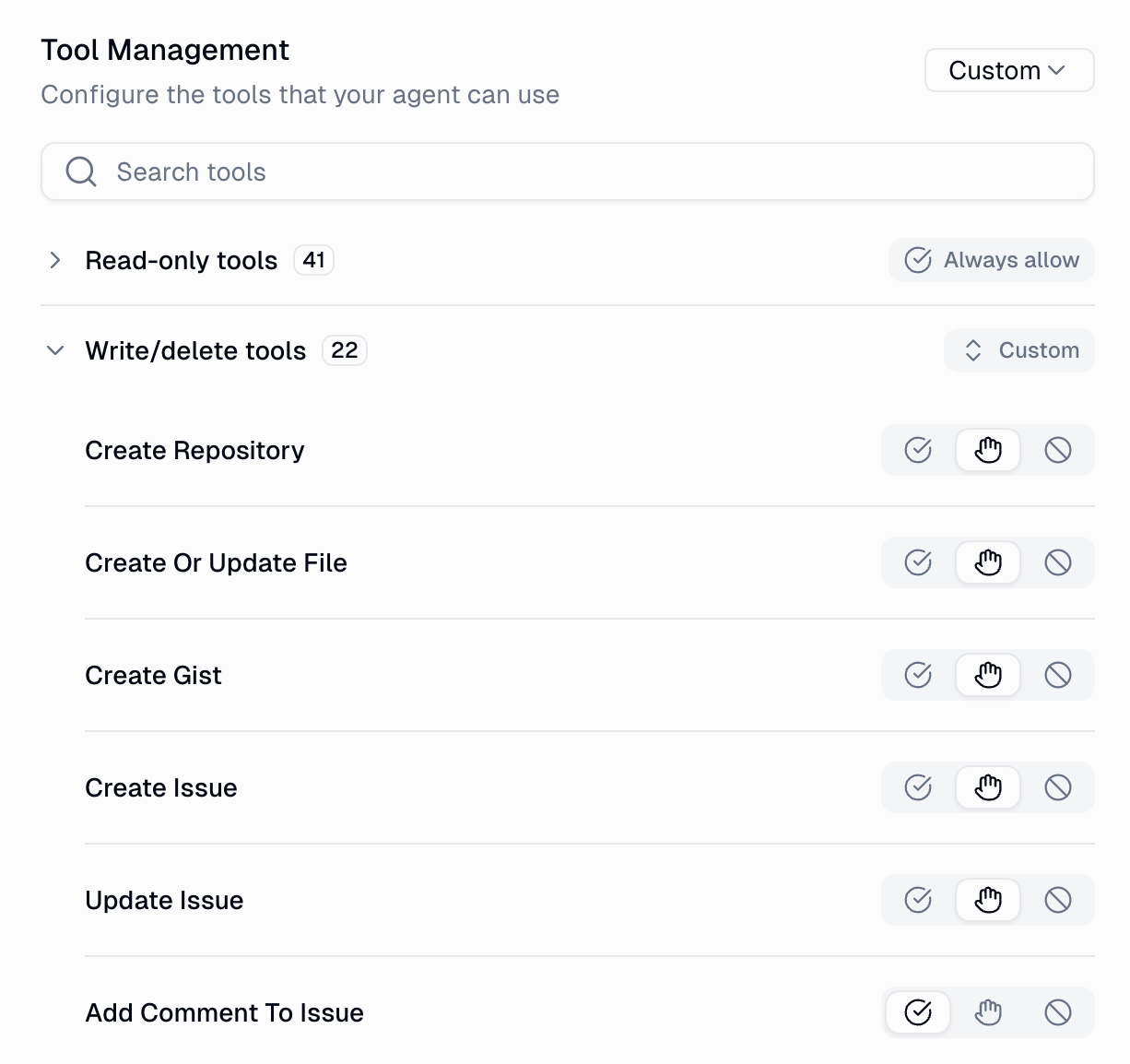 Per-tool approval settings showing individual tools with Always allow, Ask each time, and Never allow options