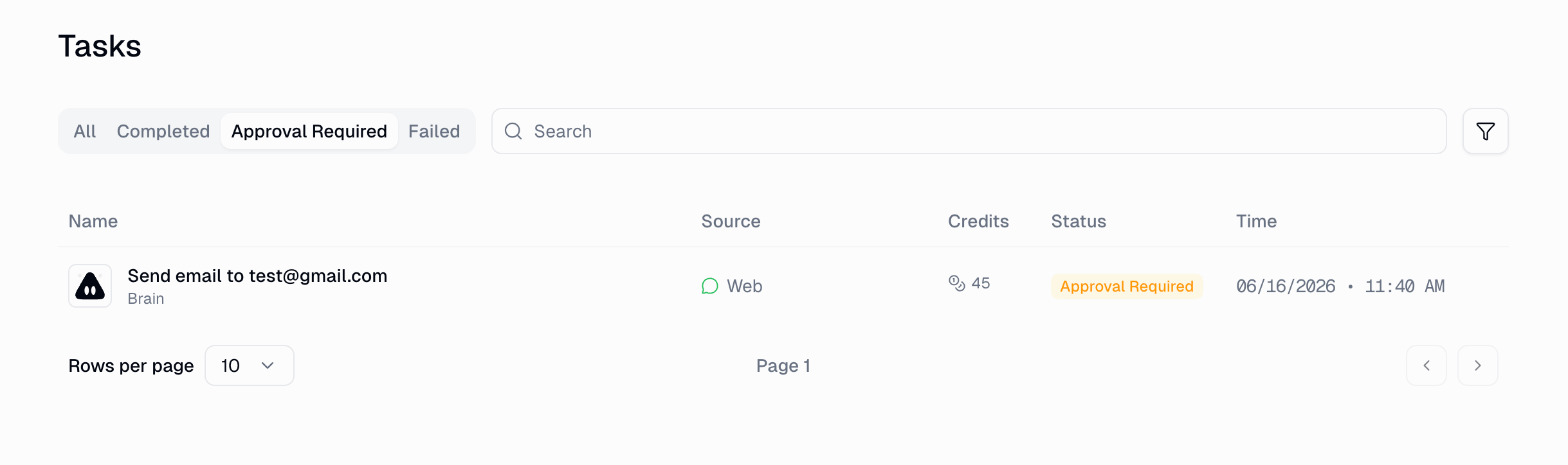 Tasks page filtered by Approval Required status, showing a pending email send task from the Brain agent