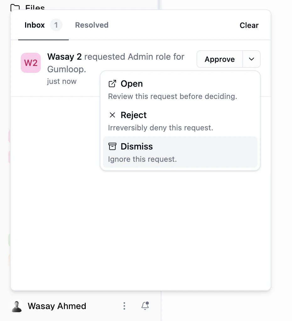 Action request inbox showing a role request with Approve, Open, Reject, and Dismiss options