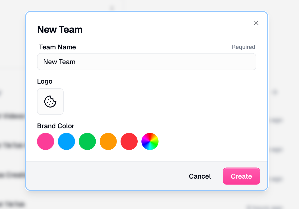 New Team dialog with name, logo, and brand color options