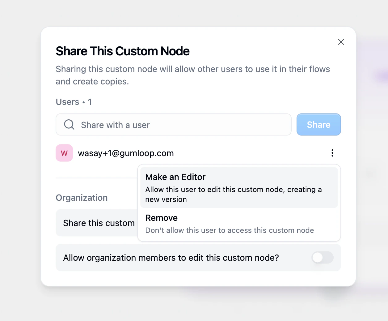 Share dialog for custom nodes