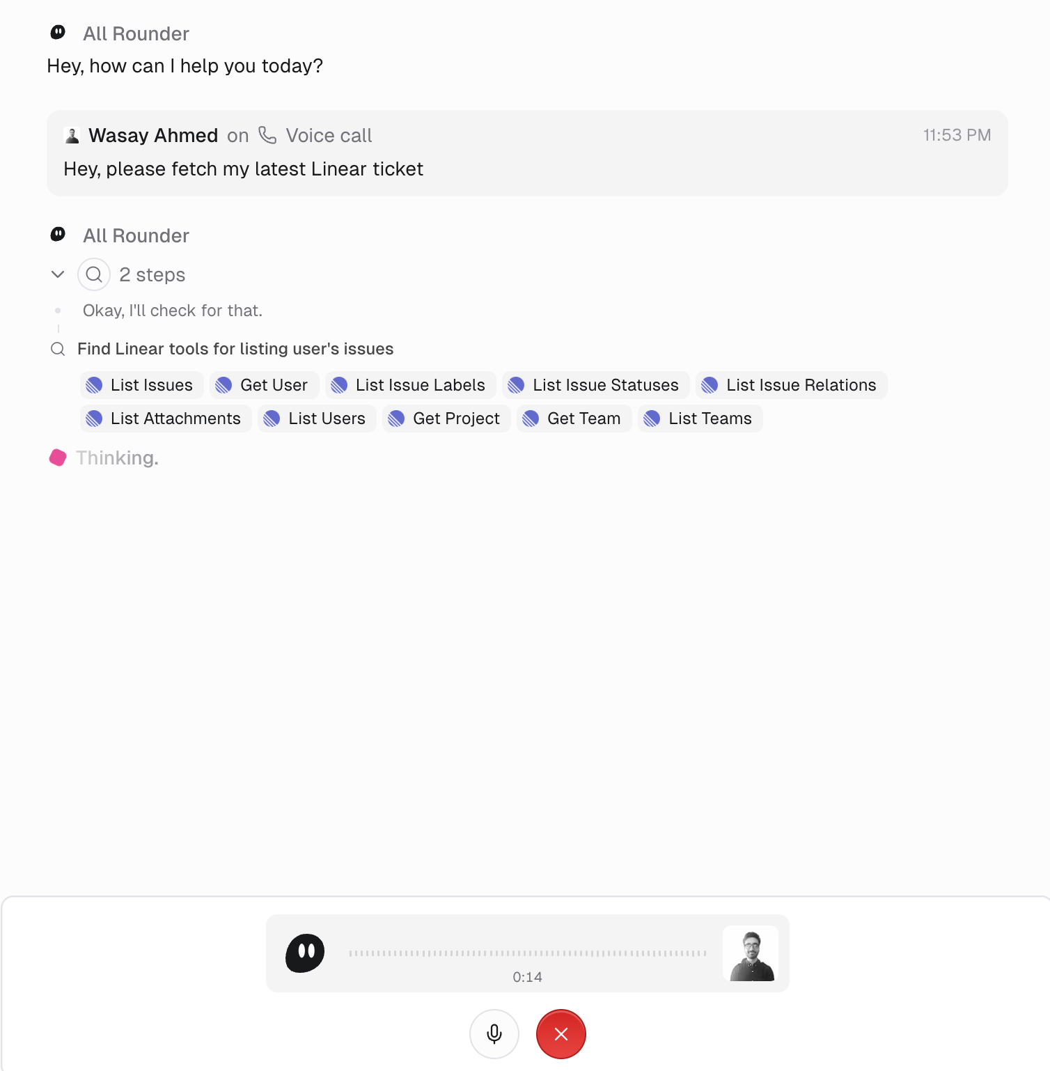 Chat during a voice call: the spoken request appears as a message labelled Voice call, the agent runs Linear tools below it, and a call bar at the bottom shows elapsed time with a microphone control and a red hang-up button