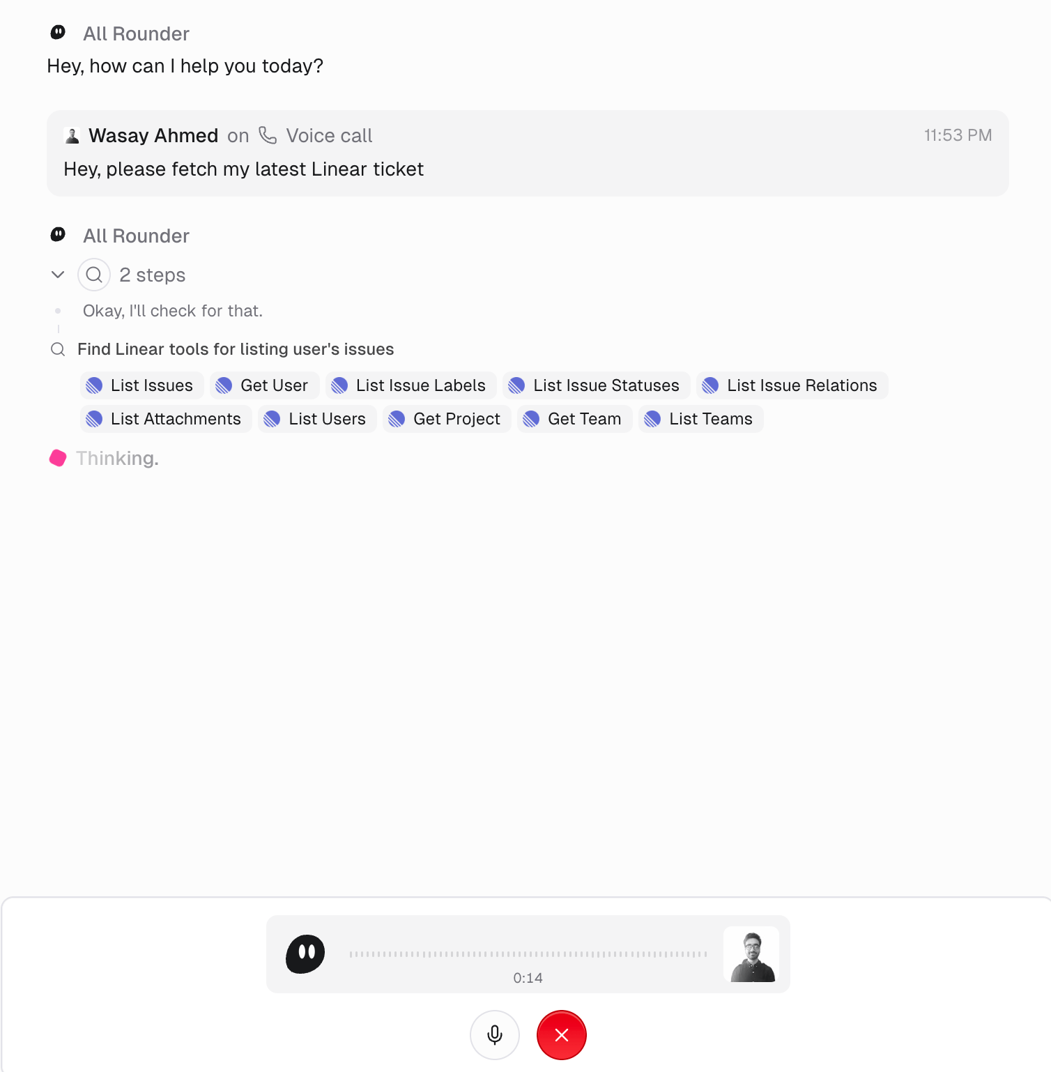 Chat during a voice call: the spoken request appears as a message labelled Voice call, the agent runs Linear tools below it, and a call bar at the bottom shows elapsed time with a microphone control and a red hang-up button