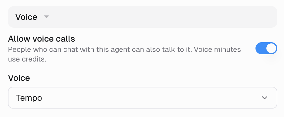 Voice section of an agent's settings showing the Allow voice calls toggle turned on and a Voice dropdown set to Tempo