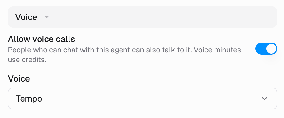 Voice section of an agent's settings showing the Allow voice calls toggle turned on and a Voice dropdown set to Tempo