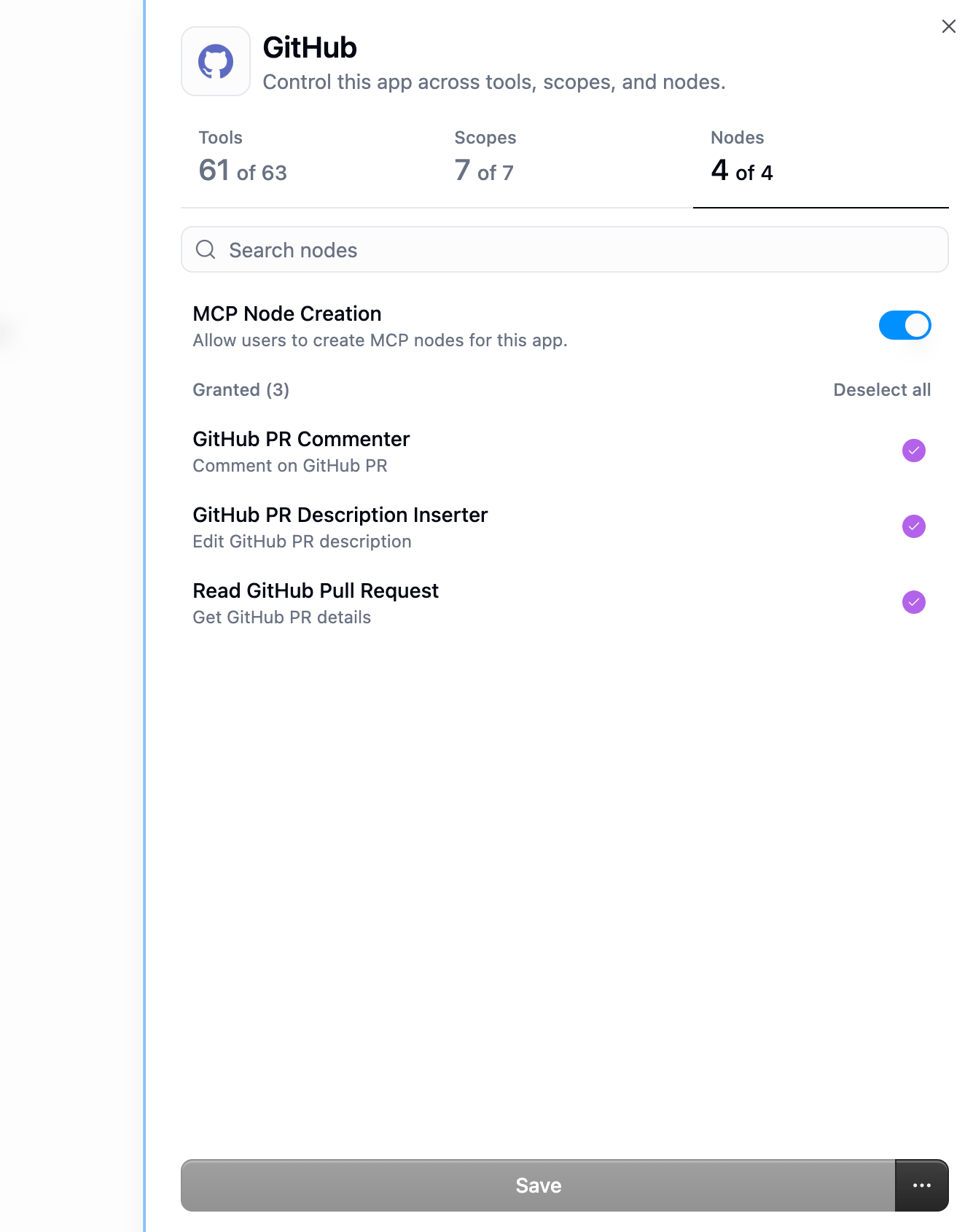 GitHub App Picker Nodes tab with MCP Node Creation enabled and 3 nodes granted: GitHub PR Commenter, GitHub PR Description Inserter, Read GitHub Pull Request