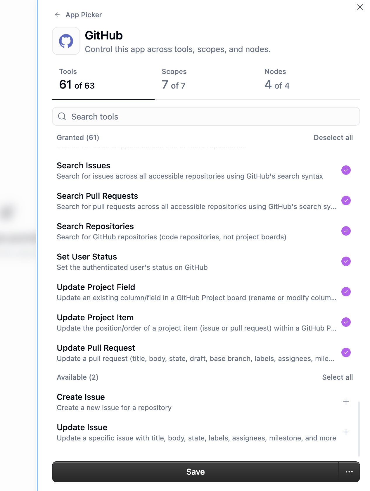 GitHub App Picker Tools tab showing 61 of 63 tools granted with individual toggles for each tool
