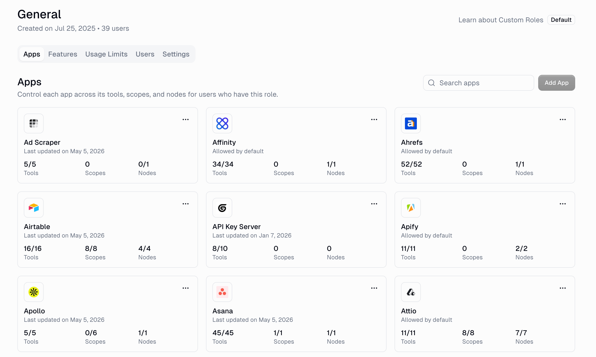 Apps tab showing all available apps as cards with tool, scope, and node counts