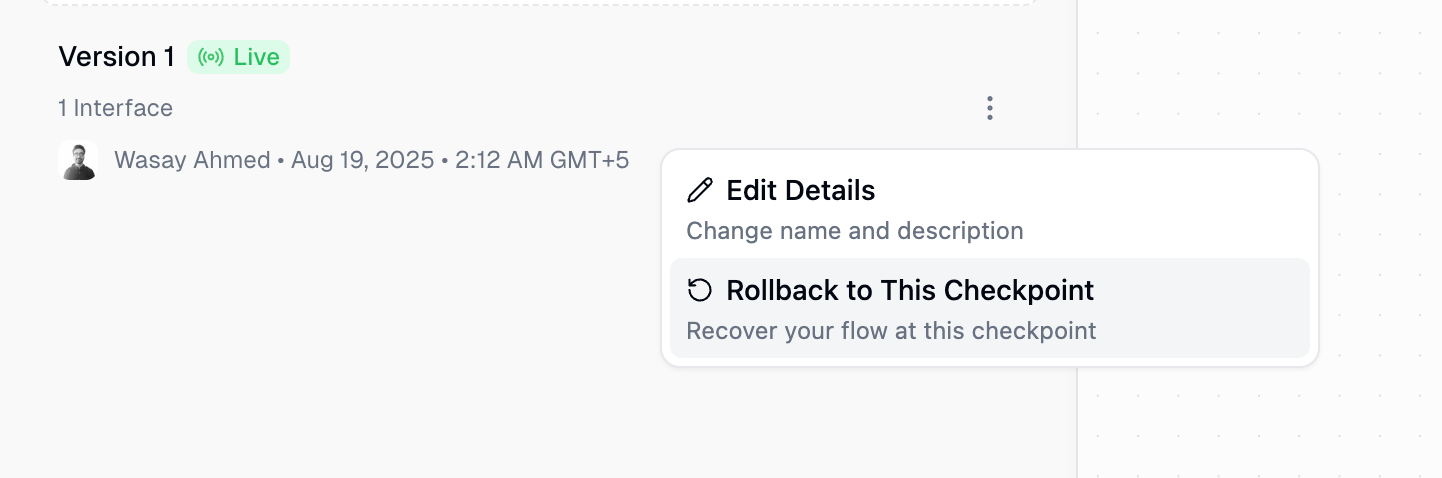 Checkpoint History panel showing Rollback to This Checkpoint option