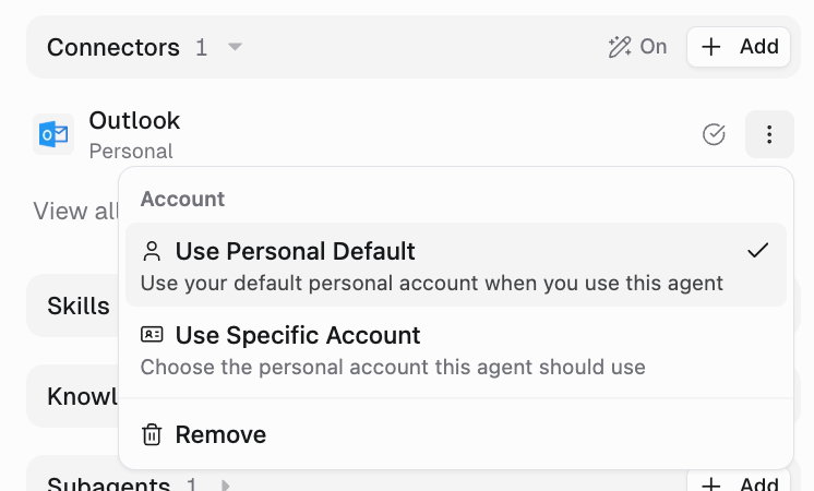 Personal agent credential menu showing Use Personal Default and Use Specific Account options