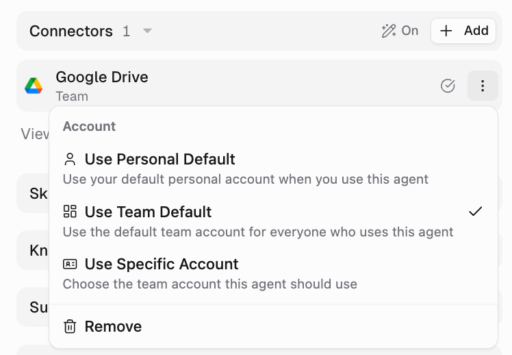 Team agent credential menu showing Use Personal Default, Use Team Default, and Use Specific Account options