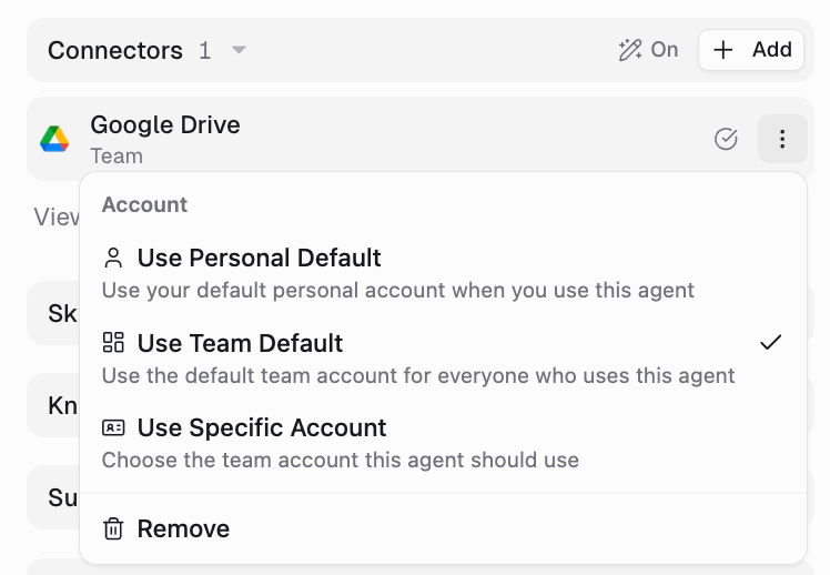 Team agent credential menu showing Use Personal Default, Use Team Default, and Use Specific Account options