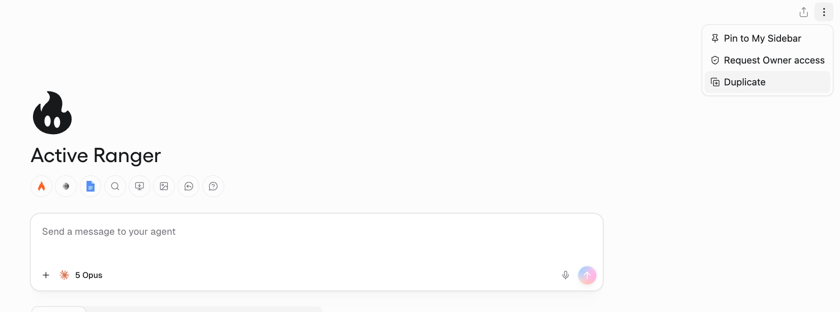 Agent three-dot menu showing Pin to My Sidebar, Request Owner access, and Duplicate