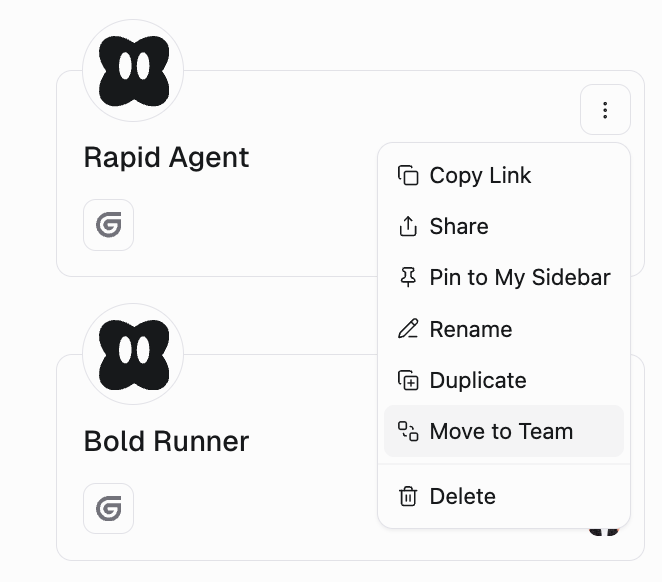 Agent three-dot menu showing Copy Link, Share, Pin to My Sidebar, Rename, Duplicate, Move to Team, and Delete