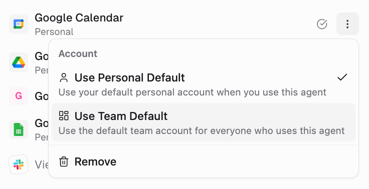 Account menu on an agent connector showing Use Personal Default, Use Team Default, Use Specific Account, and Remove