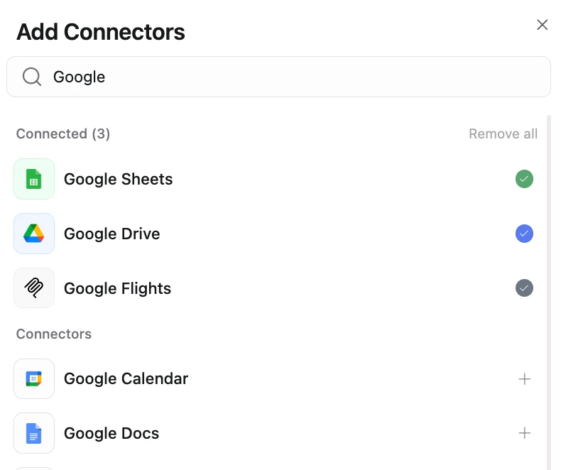 Add Connectors modal with a search box, a Connected list with checkmarks and Remove all, and a Connectors list with plus buttons