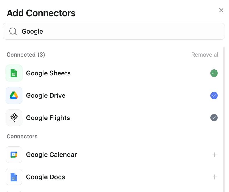 Add Connectors modal with a search box, a Connected list with checkmarks and Remove all, and a Connectors list with plus buttons