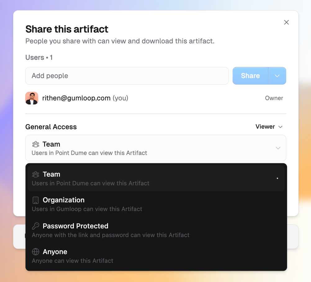 Share this artifact dialog with the General Access dropdown open, showing Team, Organization, Password Protected, and Anyone
