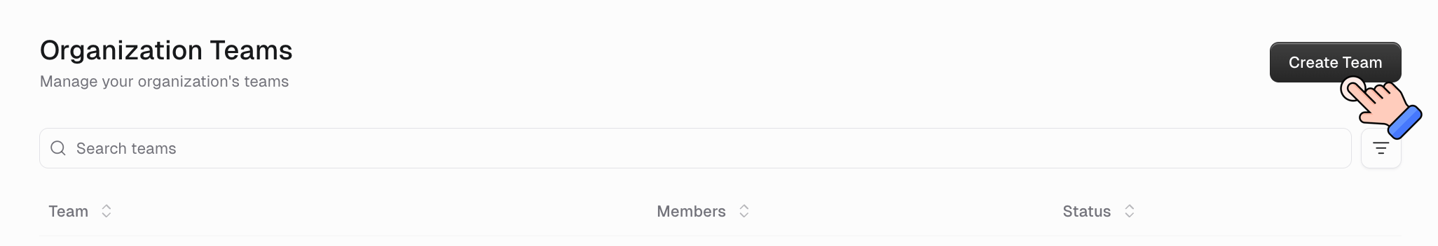 Teams page in organization settings with the list of teams and the Create button