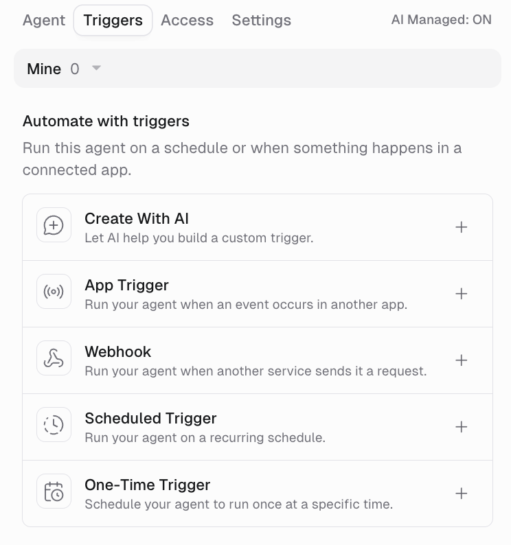 Trigger type selector showing Create With AI, Scheduled Trigger, and Event-Based Trigger options