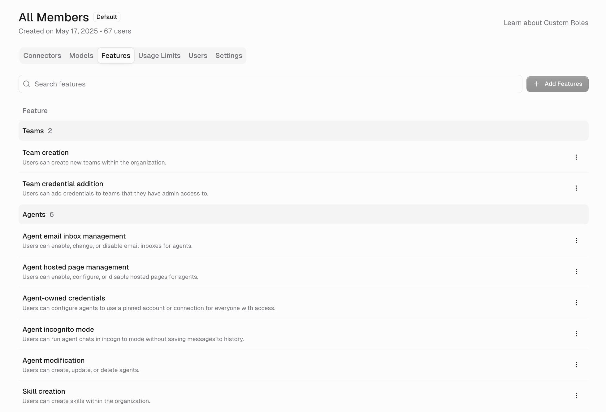Features tab of a custom role listing sensitive capabilities with the Add Features button