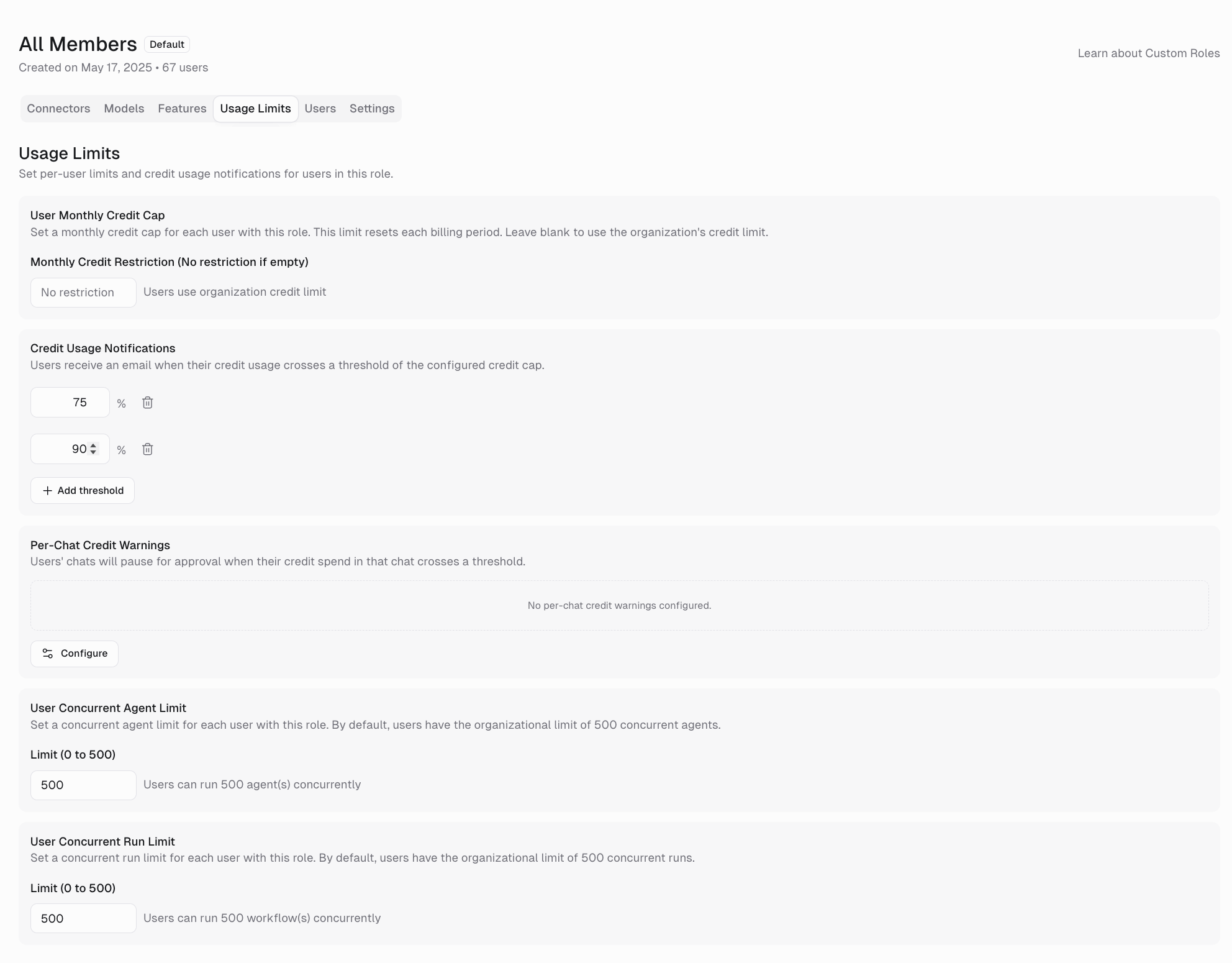 Usage Limits tab of a custom role showing concurrent run, agent, and credit caps