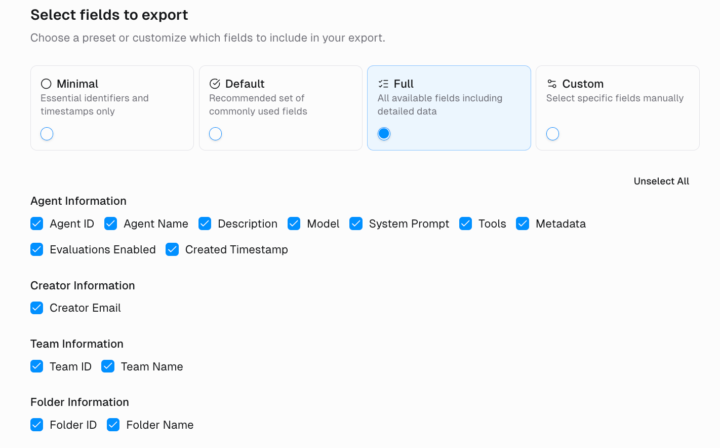 Select fields to export step with Minimal, Default, Full, and Custom presets and per-category field checkboxes