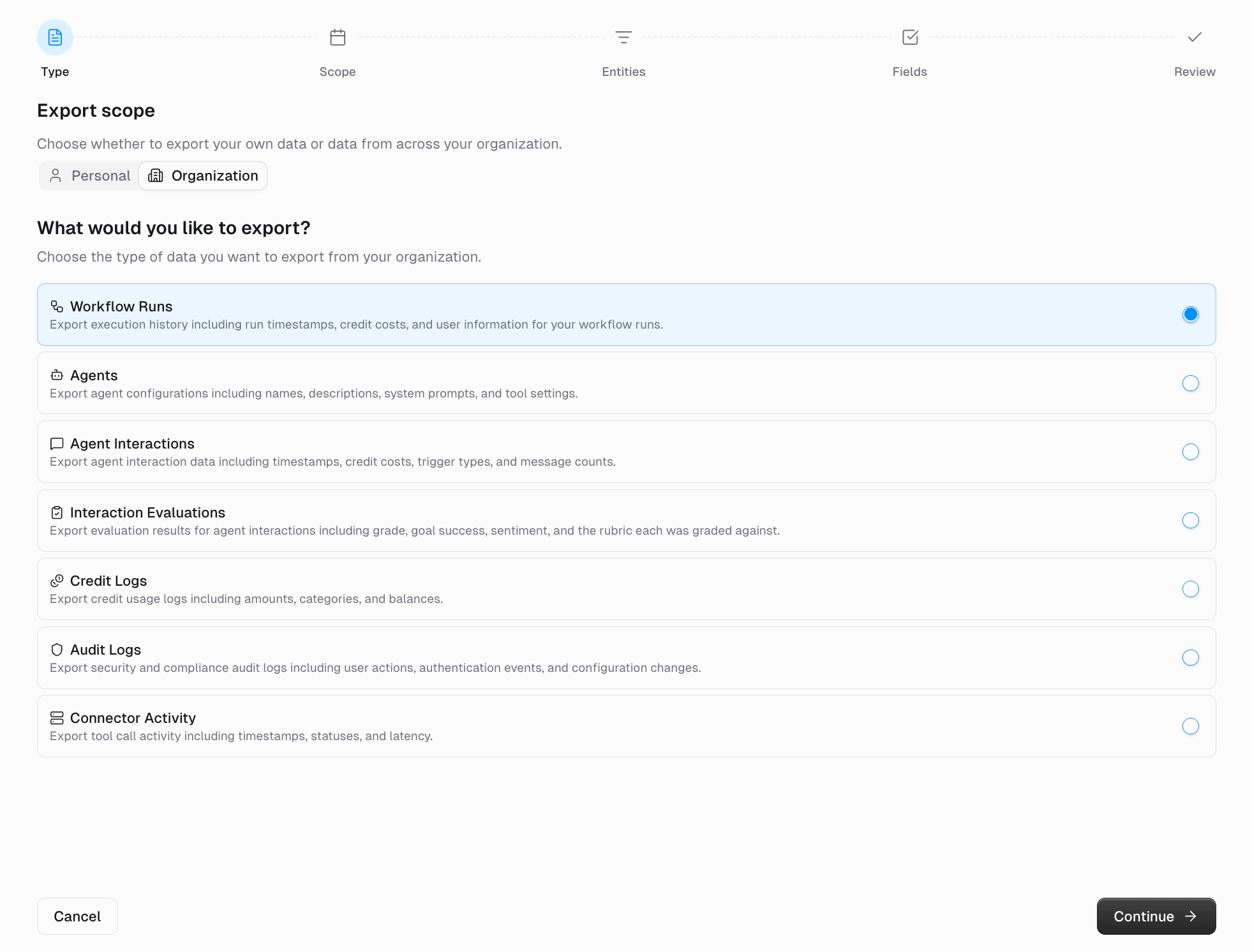 Export scope step with Personal and Organization options and the list of exportable data types