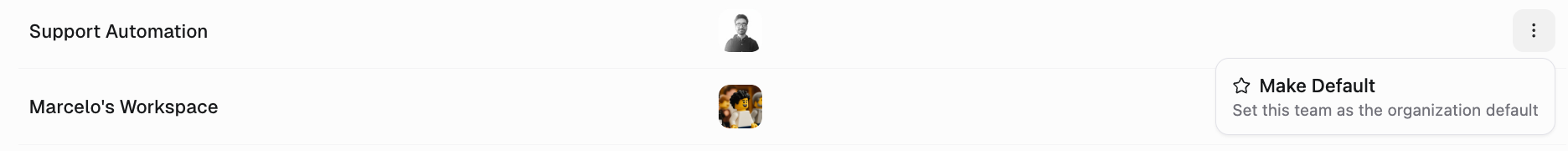 Teams list with the three-dot menu open on Make Default, described as setting the team as the organization default