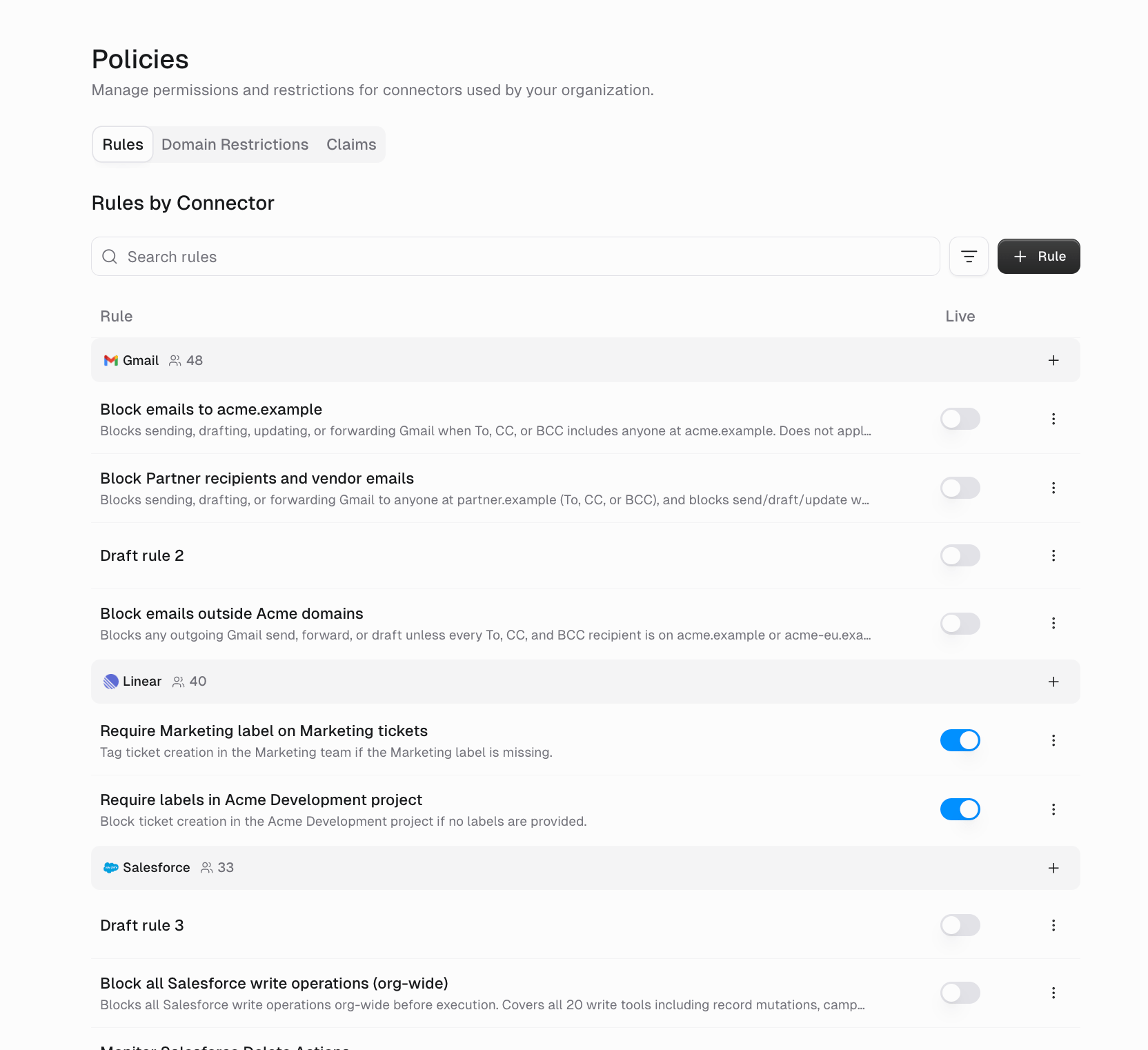 Policies page on the Rules tab showing Rules by Connector with a search box, a + Rule button, and rules grouped under Gmail, Linear, and Salesforce with Live toggles