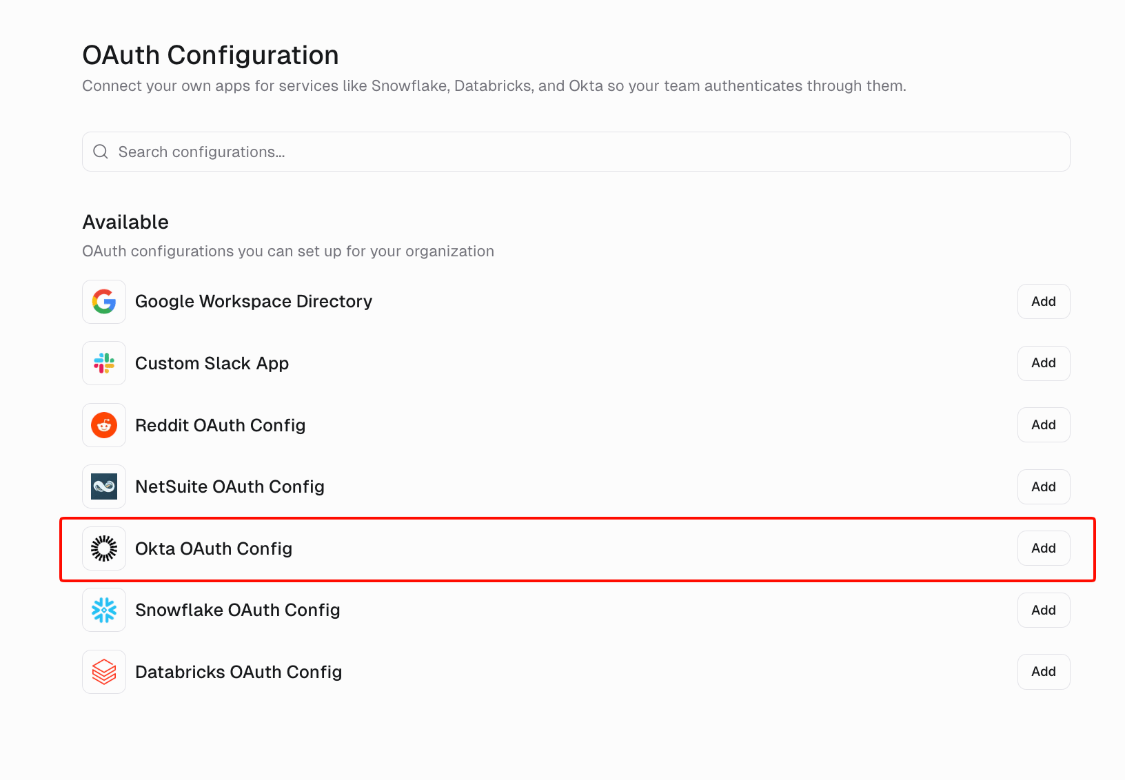 OAuth Configuration page with Okta OAuth Config highlighted in the Available list