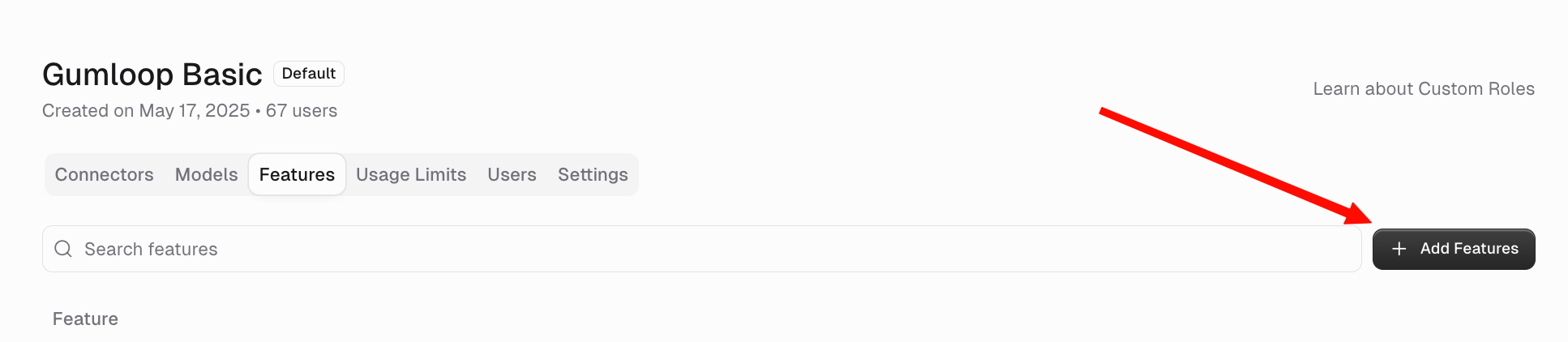 Custom role Features tab with the Add Features button