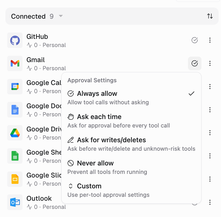 Approval Settings dropdown showing Always allow, Ask each time, Ask for writes/deletes, Never allow, and Custom options