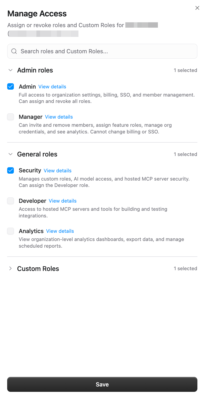 Manage Access sheet with a search box and Admin roles, General roles, and Custom Roles groups, each role paired with a View details link.
