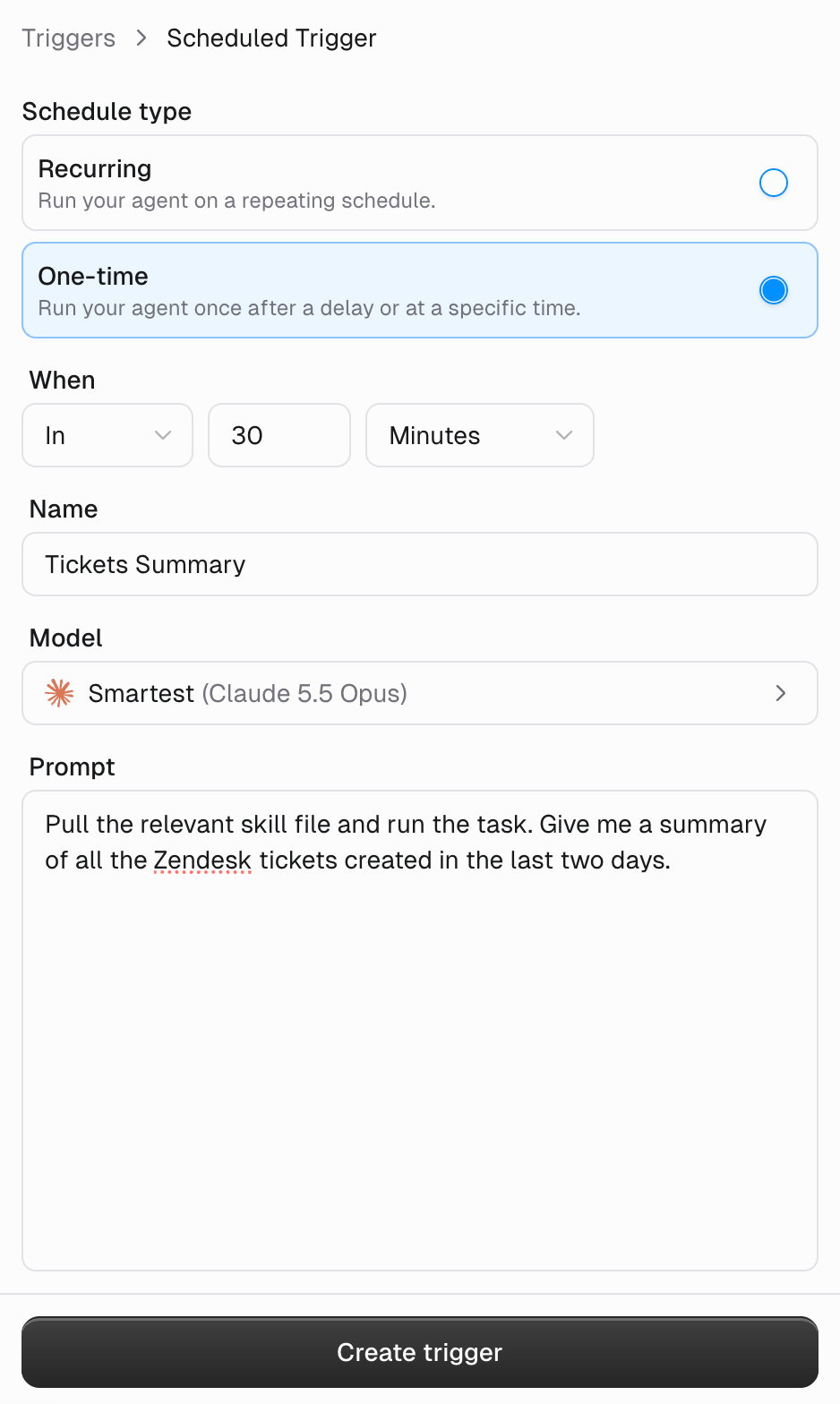 Create a Scheduled Trigger dialog showing the One-time tab with name, date/time picker, and prompt