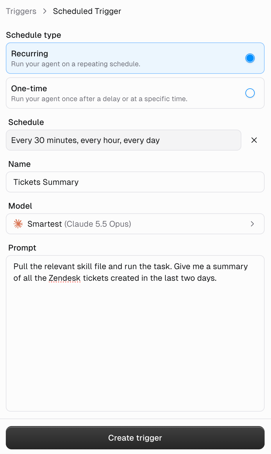 Create a Scheduled Trigger dialog showing the Recurring tab with name, AI-powered schedule field, cron expression, and prompt