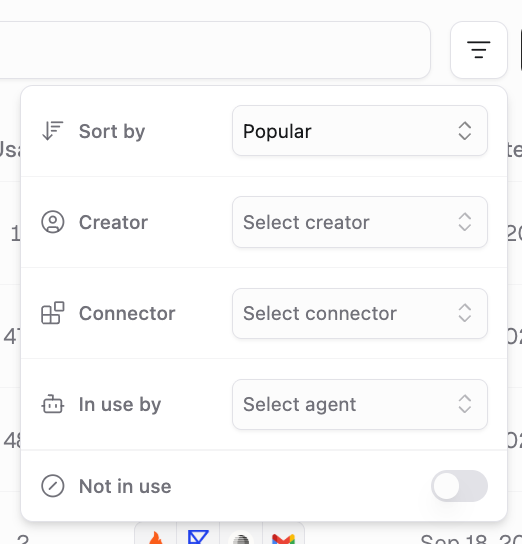 Skills filter panel showing Sort by, Creator, Connector, In use by, and Not in use options