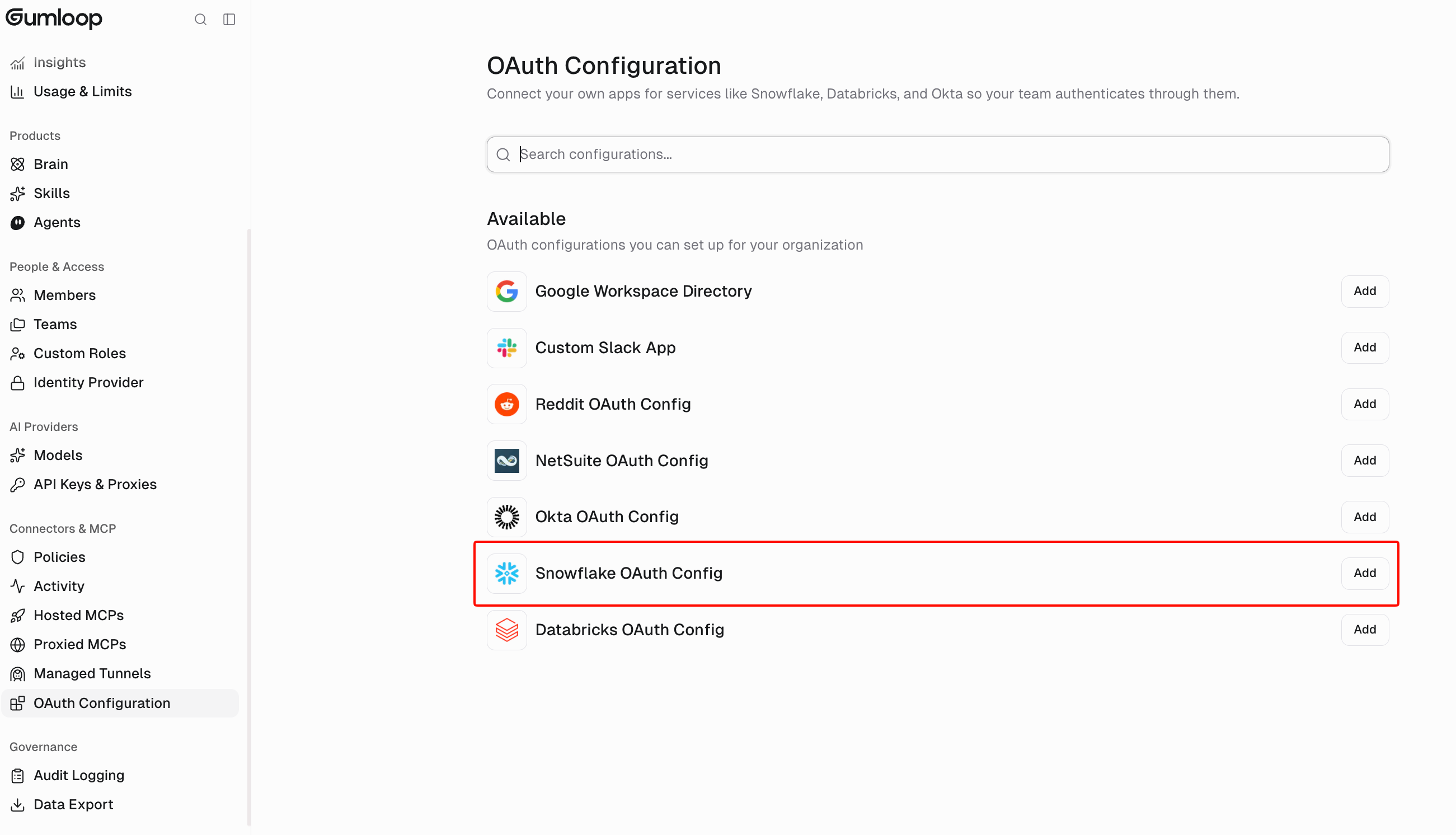 OAuth Configuration page with Snowflake OAuth Config highlighted in the Available list