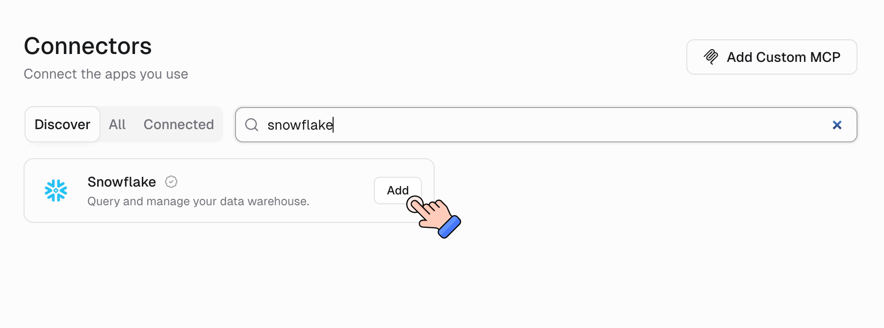 Personal Connectors page with Snowflake in the search results and an Add button