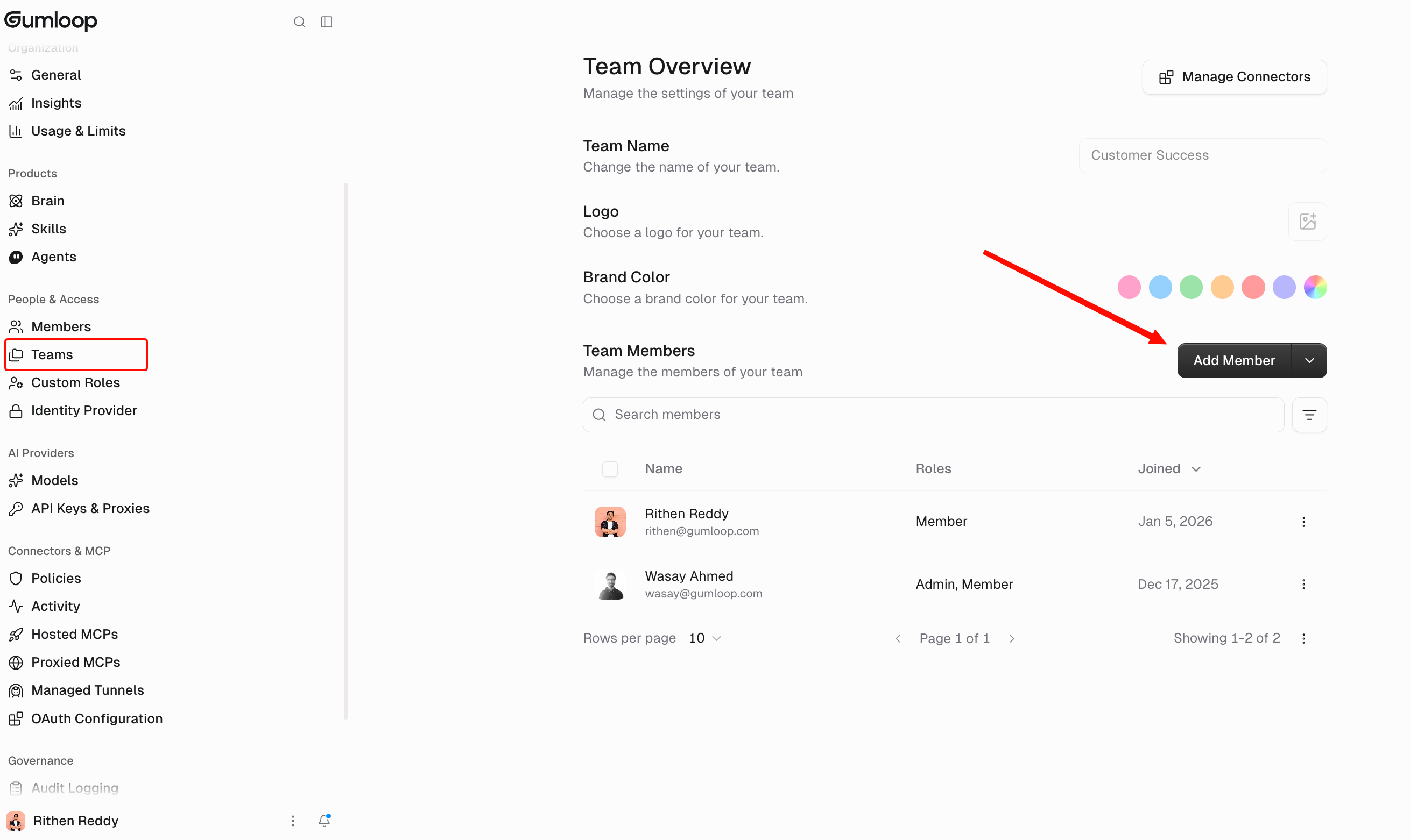 Team Overview page in organization settings showing Team Name, Logo, Brand Color, and the Team Members list with the Add Member button