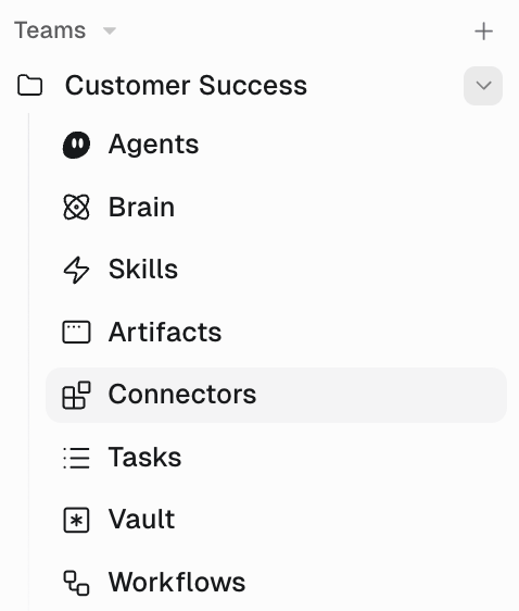 Team section in the sidebar with Agents, Brain, Skills, Artifacts, Connectors, Tasks, Vault, and Workflows