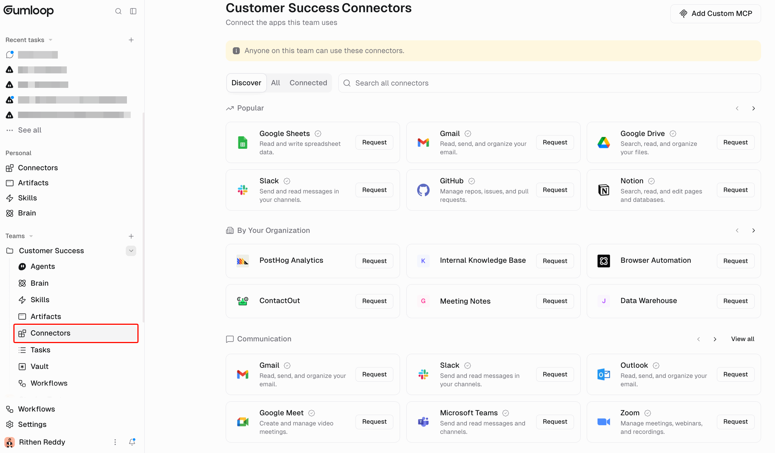 Team Connectors page with Discover, All, and Connected tabs and a searchable list of connectors