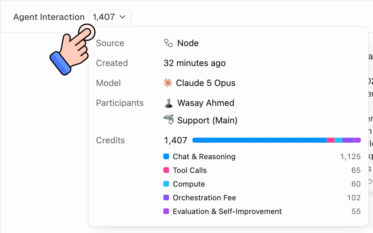 Chat details drawer opened from the credit count in the chat header, showing source, created time, model, participants, and a credit breakdown by type