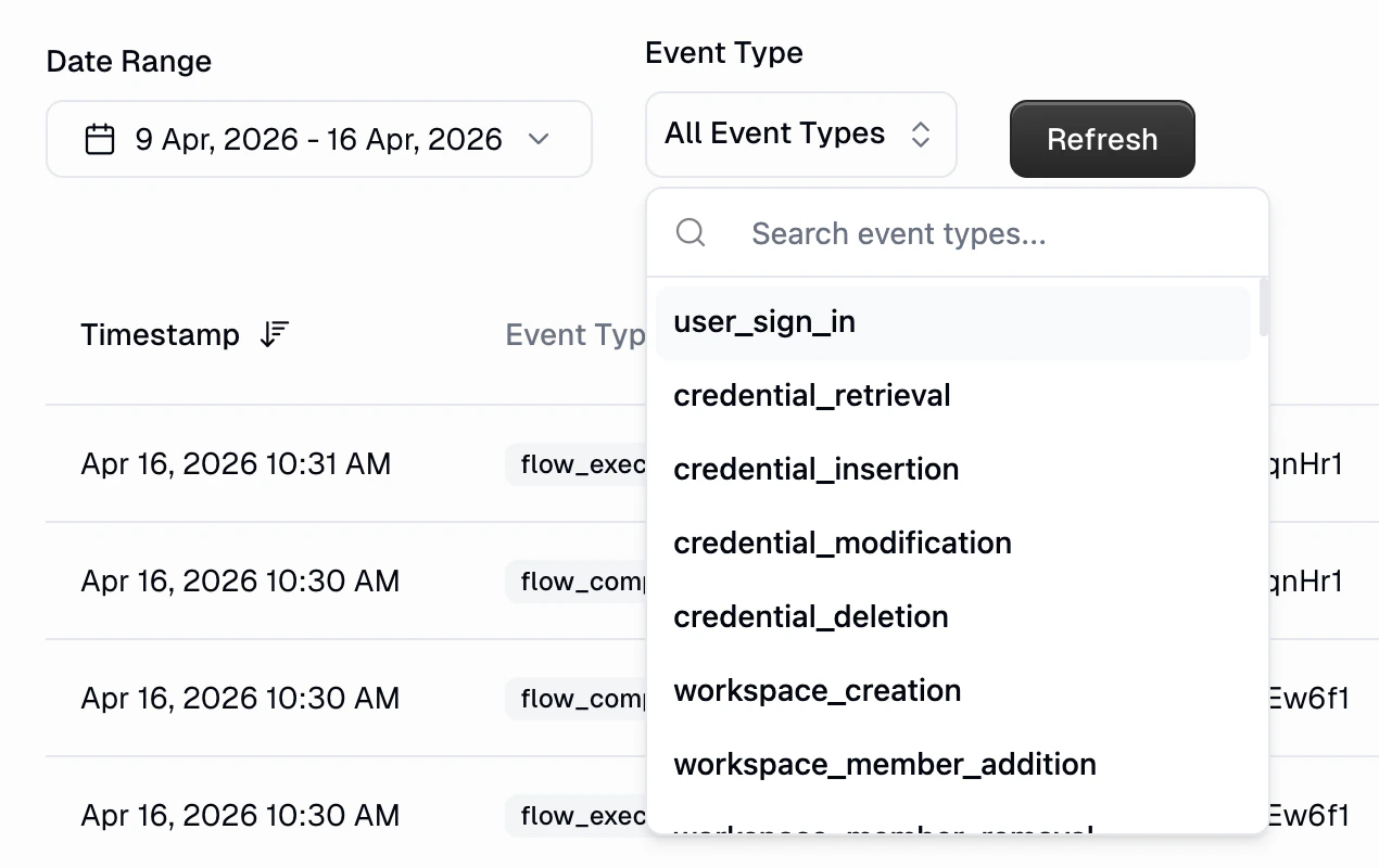 Audit log Event Type filter dropdown showing event types like user_sign_in, credential_retrieval, credential_insertion, and more