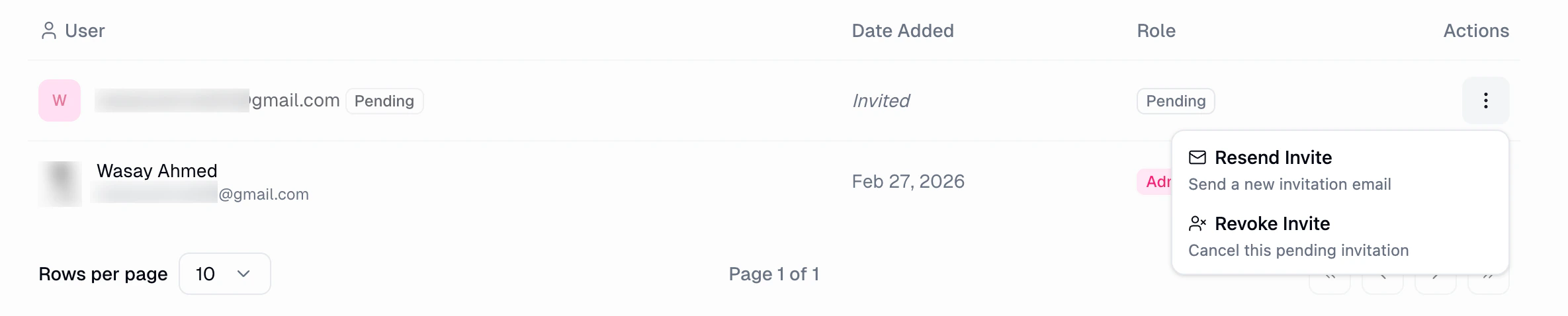 Organization members list showing a pending invite with Resend Invite and Revoke Invite actions