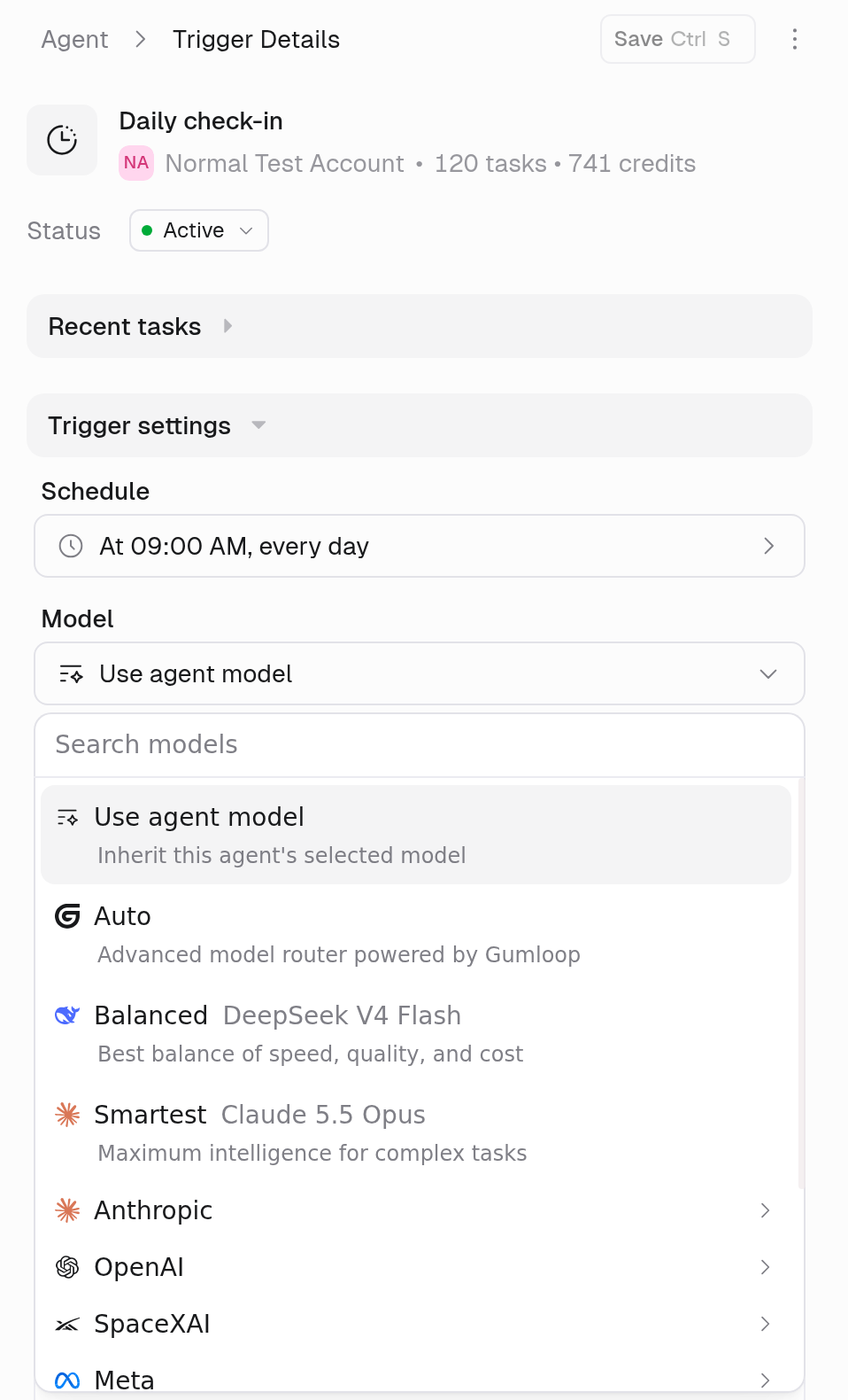 Trigger Details for the Daily check-in trigger, with Recent tasks collapsed and Trigger settings showing Schedule set to At 09:00 AM, every day, then the Model field set to Use agent model with its dropdown open: a Search models box, Use agent model (Inherit this agent's selected model), Auto (Advanced model router powered by Gumloop), Balanced (Best balance of speed, quality, and cost), Smartest (Maximum intelligence for complex tasks), and provider groups Anthropic, OpenAI, SpaceXAI, and Meta